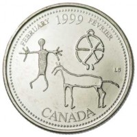 reverse of 25 Cents - Elizabeth II - February (1999) coin with KM# 343 from Canada. Inscription: FEBRUARY 1999 FÉVRIER LS CANADA