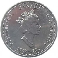 obverse of 25 Cents - Elizabeth II - Newfoundland (1992) coin with KM# 213 from Canada. Inscription: ELIZABETH II CANADA D · G · REGINA 1867-1992