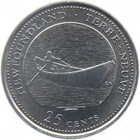 reverse of 25 Cents - Elizabeth II - Newfoundland (1992) coin with KM# 213 from Canada. Inscription: NEWFOUNDLAND · TERRE-NEUVE 25 CENTS