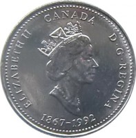 Canada coin 25 Cents - Elizabeth II - Prince Edward Island (1992) obverse obverse of 25 Cents - Elizabeth II - Prince Edward Island (1992) coin with KM# 222 from Canada. Inscription: ELIZABETH II D · G · REGINA CANADA 1867-1992