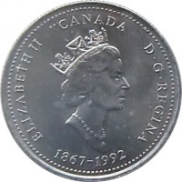 obverse of 25 Cents - Elizabeth II - Nova Scotia (1992) coin with KM# 231 from Canada. Inscription: ELIZABETH II D · G · REGINA CANADA 1867-1992