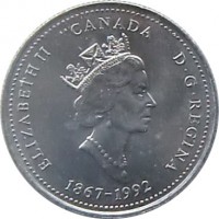 Canada coin 25 Cents - Elizabeth II - Nova Scotia (1992) obverse obverse of 25 Cents - Elizabeth II - Nova Scotia (1992) coin with KM# 231 from Canada. Inscription: ELIZABETH II D · G · REGINA CANADA 1867-1992