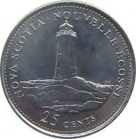 reverse of 25 Cents - Elizabeth II - Nova Scotia (1992) coin with KM# 231 from Canada. Inscription: NOVA SCOTIA · NOUVELLE-ÉCOSSE BW 25 CENTS