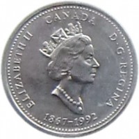 obverse of 25 Cents - Elizabeth II - Yukon (1992) coin with KM# 220 from Canada. Inscription: ELIZABETH II CANADA D · G · REGINA 1867-1992