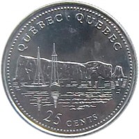 Canada coin 25 Cents - Elizabeth II - Quebec (1992) reverse reverse of 25 Cents - Elizabeth II - Quebec (1992) coin with KM# 234 from Canada. Inscription: QUEBEC · QUÉBEC 25 CENTS