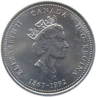 obverse of 25 Cents - Elizabeth II - Manitoba (1992) coin with KM# 214 from Canada. Inscription: ELIZABETH II CANADA D · G · REGINA 1867-1992