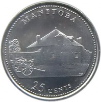 Canada coin 25 Cents - Elizabeth II - Manitoba (1992) reverse reverse of 25 Cents - Elizabeth II - Manitoba (1992) coin with KM# 214 from Canada. Inscription: MANITOBA 25 CENTS