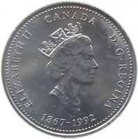obverse of 25 Cents - Elizabeth II - New Brunswick (1992) coin with KM# 203 from Canada. Inscription: ELIZABETH II CANADA D · G · REGINA 1867-1992