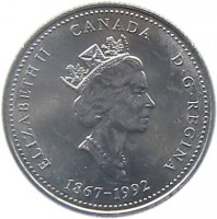 obverse of 25 Cents - Elizabeth II - New Brunswick (1992) coin with KM# 203 from Canada. Inscription: ELIZABETH II CANADA D · G · REGINA 1867-1992