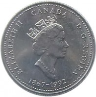 obverse of 25 Cents - Elizabeth II - Ontario (1992) coin with KM# 223 from Canada. Inscription: ELIZABETH II CANADA D · G · REGINA 1867-1992