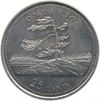 reverse of 25 Cents - Elizabeth II - Ontario (1992) coin with KM# 223 from Canada. Inscription: ONTARIO 25 CENTS