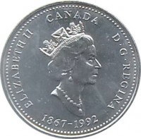 obverse of 25 Cents - Elizabeth II - Northwest Territories (1992) coin with KM# 212 from Canada. Inscription: ELIZABETH II CANADA D · G · REGINA 1867-1992