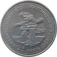 reverse of 25 Cents - Elizabeth II - Northwest Territories (1992) coin with KM# 212 from Canada. Inscription: NORTHWEST TERRITORIES · TERRITOIRES DU NORD-OUEST 25 CENTS