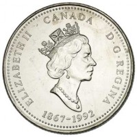 obverse of 25 Cents - Elizabeth II - British Columbia (1992) coin with KM# 232 from Canada. Inscription: ELIZABETH II CANADA D · G · REGINA 1867-1992