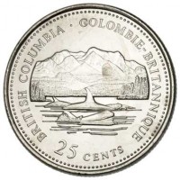 Canada coin 25 Cents - Elizabeth II - British Columbia (1992) reverse reverse of 25 Cents - Elizabeth II - British Columbia (1992) coin with KM# 232 from Canada. Inscription: BRITISH COLUMBIA · COLOMBIE-BRITANNIQUE 25 CENTS
