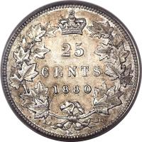 Canada coin 25 Cents - Victoria (1870 - 1901) reverse reverse of 25 Cents - Victoria (1870 - 1901) coin with KM# 5 from Canada. Inscription: 25 CENTS 1880 H