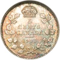 reverse of 5 Cents - George V - Without DEI GRATIA (1911) coin with KM# 16 from Canada. Inscription: 5 CENTS CANADA 1911