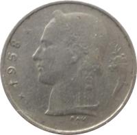 obverse of 1 Franc - Baudouin I - Dutch text (1950 - 1988) coin with KM# 143 from Belgium. Inscription: * 1958 * RAU