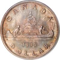 Canada coin 1 Dollar - George V - With DEI GRATIA (1936) reverse reverse of 1 Dollar - George V - With DEI GRATIA (1936) coin with KM# 31 from Canada. Inscription: CANADA 1936 DOLLAR