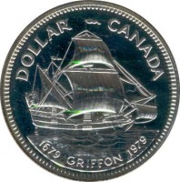 reverse of 1 Dollar - Elizabeth II - Griffon (1979) coin with KM# 124 from Canada. Inscription: DOLLAR CANADA 1679 GRIFFON 1979
