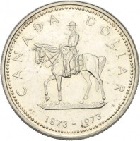 Canada coin 1 Dollar - Elizabeth II - Royal Canadian Mounted Police (1973) reverse reverse of 1 Dollar - Elizabeth II - Royal Canadian Mounted Police (1973) coin with KM# 83 from Canada. Inscription: CANADA DOLLAR 1873 - 1973