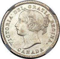 obverse of 10 Cents - Victoria (1858 - 1901) coin with KM# 3 from Canada. Inscription: VICTORIA DEI GRATIA REGINA. CANADA