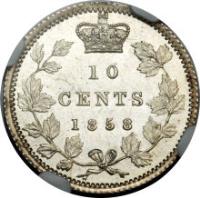 reverse of 10 Cents - Victoria (1858 - 1901) coin with KM# 3 from Canada. Inscription: 10 CENTS 1858