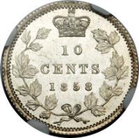 Canada coin 10 Cents - Victoria (1858 - 1901) reverse reverse of 10 Cents - Victoria (1858 - 1901) coin with KM# 3 from Canada. Inscription: 10 CENTS 1858