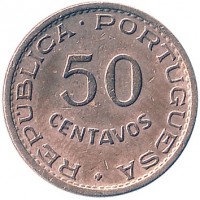 reverse of 50 Centavos (1968) coin with KM# 11 from Cape Verde. Inscription: REPUBLICA PORTUGUESA 50 CENTAVOS