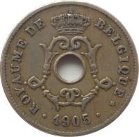 obverse of 10 Centimes - Leopold II - French text (1903 - 1906) coin with KM# 52 from Belgium. Inscription: ROYAUME DE BELGIQUE 1905