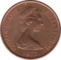 obverse of 1 Cent - Elizabeth II - 2'nd Portrait (1972 - 1986) coin with KM# 1 from Cayman Islands. Inscription: CAYMAN ISLANDS ELIZABETH II 1972