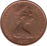 Cayman Islands coin 1 Cent - Elizabeth II - 2'nd Portrait (1972 - 1986) obverse obverse of 1 Cent - Elizabeth II - 2'nd Portrait (1972 - 1986) coin with KM# 1 from Cayman Islands. Inscription: CAYMAN ISLANDS ELIZABETH II 1972