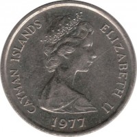 Cayman Islands coin 10 Cents - Elizabeth II - 2'nd Portrait (1972 - 1986) obverse obverse of 10 Cents - Elizabeth II - 2'nd Portrait (1972 - 1986) coin with KM# 3 from Cayman Islands. Inscription: CAYMAN ISLANDS ELIZABETH II 1977