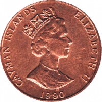obverse of 1 Cent - Elizabeth II - 3'rd Portrait (1987 - 1990) coin with KM# 87 from Cayman Islands. Inscription: CAYMAN ISLANDS ELIZABETH II 1987