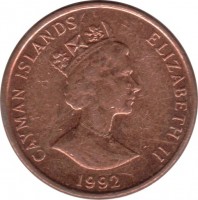 obverse of 1 Cent - Elizabeth II - 3'rd Portrait; Magnetic (1992 - 1996) coin with KM# 87a from Cayman Islands. Inscription: CAYMAN ISLANDS ELIZABETH II 1992