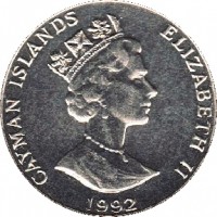 obverse of 10 Cents - Elizabeth II - 3'rd Portrait; Magnetic (1992 - 1996) coin with KM# 89a from Cayman Islands. Inscription: CAYMAN ISLANDS ELIZABETH II 1992