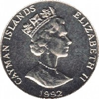 Cayman Islands coin 10 Cents - Elizabeth II - 3'rd Portrait; Magnetic (1992 - 1996) obverse obverse of 10 Cents - Elizabeth II - 3'rd Portrait; Magnetic (1992 - 1996) coin with KM# 89a from Cayman Islands. Inscription: CAYMAN ISLANDS ELIZABETH II 1992