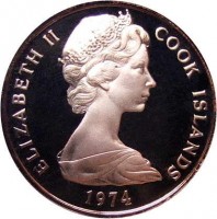 obverse of 2 Tene - Elizabeth II - 2'nd Portrait (1972 - 1983) coin with KM# 2 from Cook Islands. Inscription: ELIZABETH II COOK ISLANDS 1974