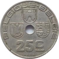 reverse of 25 Centimes - Leopold III - BELGIQUE-BELGIE (1938 - 1939) coin with KM# 114 from Belgium. Inscription: BELGIQUE-BELGIE 25c O.JESPERS