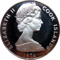 obverse of 1 Dollar - Elizabeth II - 2'nd Portrait (1972 - 1983) coin with KM# 7 from Cook Islands. Inscription: ELIZABETH II COOK ISLANDS 1974