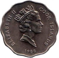 Cook Islands coin 1 Dollar - Elizabeth II - 3'rd Portrait (1987 - 1994) obverse obverse of 1 Dollar - Elizabeth II - 3'rd Portrait (1987 - 1994) coin with KM# 37 from Cook Islands. Inscription: ELIZABETH II COOK ISLANDS 1988