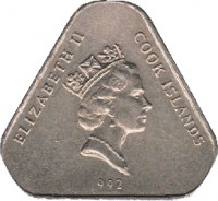 obverse of 2 Dollars - Elizabeth II - 3'rd Portrait (1987 - 1994) coin with KM# 38 from Cook Islands. Inscription: ELIZABETH II COOK ISLANDS 1992