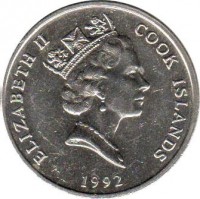 Cook Islands coin 20 Tene - Elizabeth II - 3'rd Portrait (1987 - 1994) obverse obverse of 20 Tene - Elizabeth II - 3'rd Portrait (1987 - 1994) coin with KM# 35 from Cook Islands. Inscription: ELIZABETH II COOK ISLANDS 1987