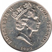 obverse of 10 Tene - Elizabeth II - 3'rd Portrait (1987 - 1994) coin with KM# 34 from Cook Islands. Inscription: ELIZABETH II COOK ISLAND 1992