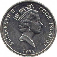 Cook Islands coin 5 Tene - Elizabeth II - 3'rd Portrait (1987 - 1994) obverse obverse of 5 Tene - Elizabeth II - 3'rd Portrait (1987 - 1994) coin with KM# 33 from Cook Islands. Inscription: ELIZABETH II COOK ISLAND RDM 1992