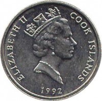 obverse of 5 Tene - Elizabeth II - 3'rd Portrait (1987 - 1994) coin with KM# 33 from Cook Islands. Inscription: ELIZABETH II COOK ISLAND RDM 1992