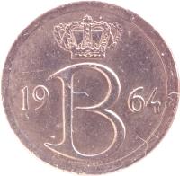 obverse of 25 Centimes - Baudouin I - French text (1964 - 1975) coin with KM# 153 from Belgium. Inscription: 19 B 64 Mailleux