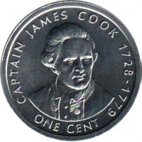 Cook Islands coin 1 Cent - Elizabeth II - James Cook - 4'th Portrait (2003) reverse reverse of 1 Cent - Elizabeth II - James Cook - 4'th Portrait (2003) coin with KM# 419 from Cook Islands. Inscription: CAPTAIN JAMES COOK 1728 - 1779 ONE CENT