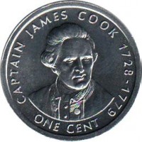 reverse of 1 Cent - Elizabeth II - James Cook - 4'th Portrait (2003) coin with KM# 419 from Cook Islands. Inscription: CAPTAIN JAMES COOK 1728 - 1779 ONE CENT