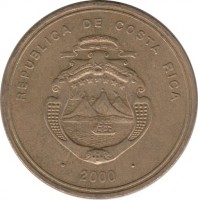 obverse of 500 Colones - 50 years Central Bank (2000) coin with KM# 236 from Costa Rica. Inscription: REPUBLICA DE COSTA RICA AMERICA CENTRAL REPUBLICA DE COSTA RICA . 2000 .